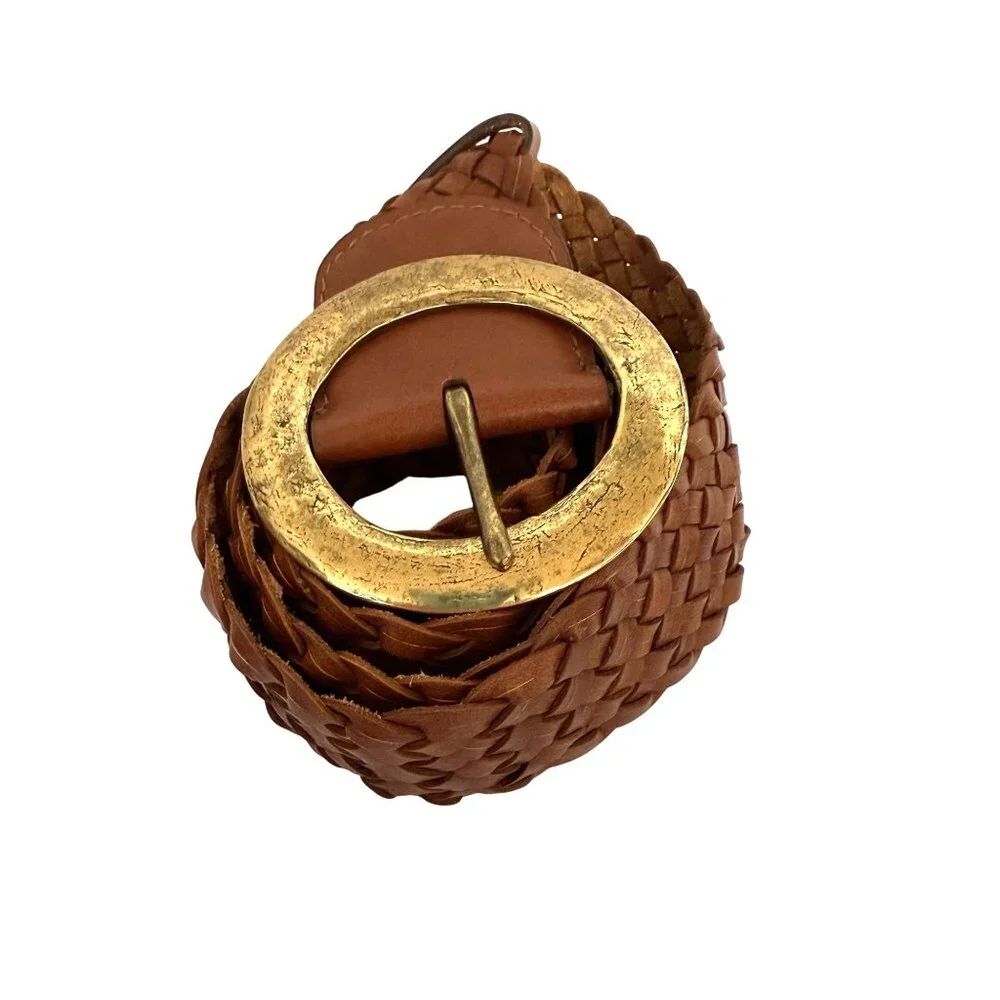 Chico's Macarthy Brown Woven Leather Belt Oversized Brass Buckle 45